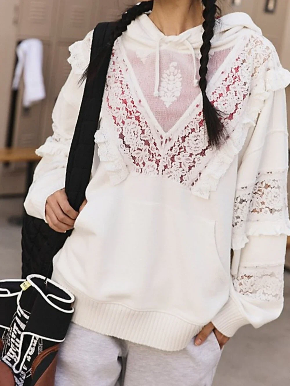 New Free People Movement Sweatshirt Hooded With Lace Detailing. Oversized